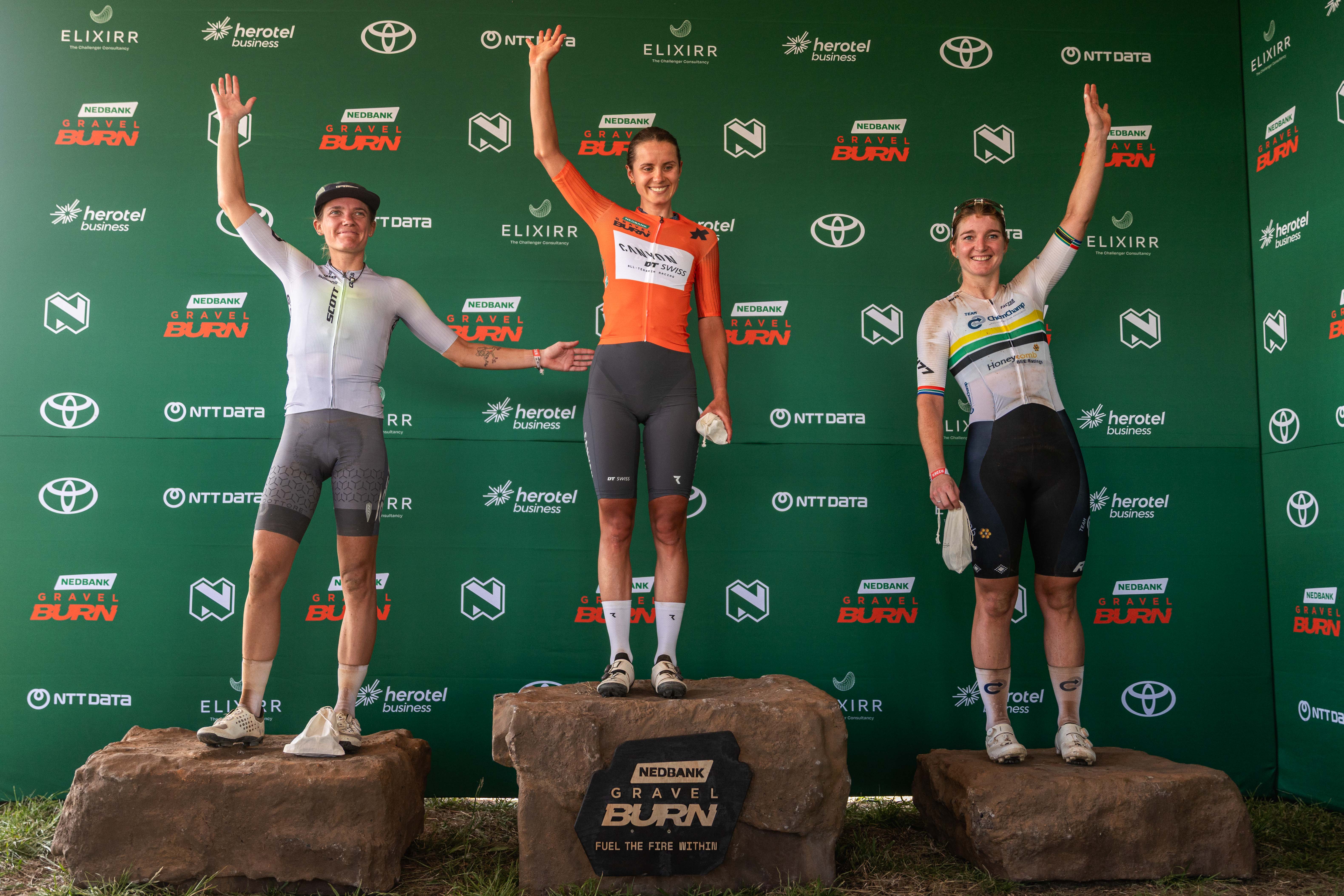 podium of stage 1 gravel burn womens elite race