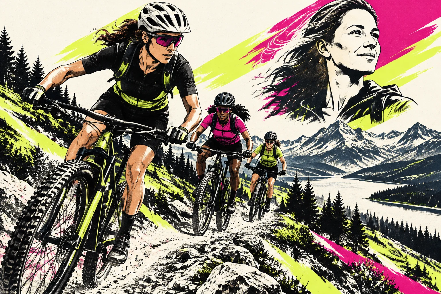 AI-generated editorial illustration of adult women mountain biking; fictional riders, not a photograph of the event.