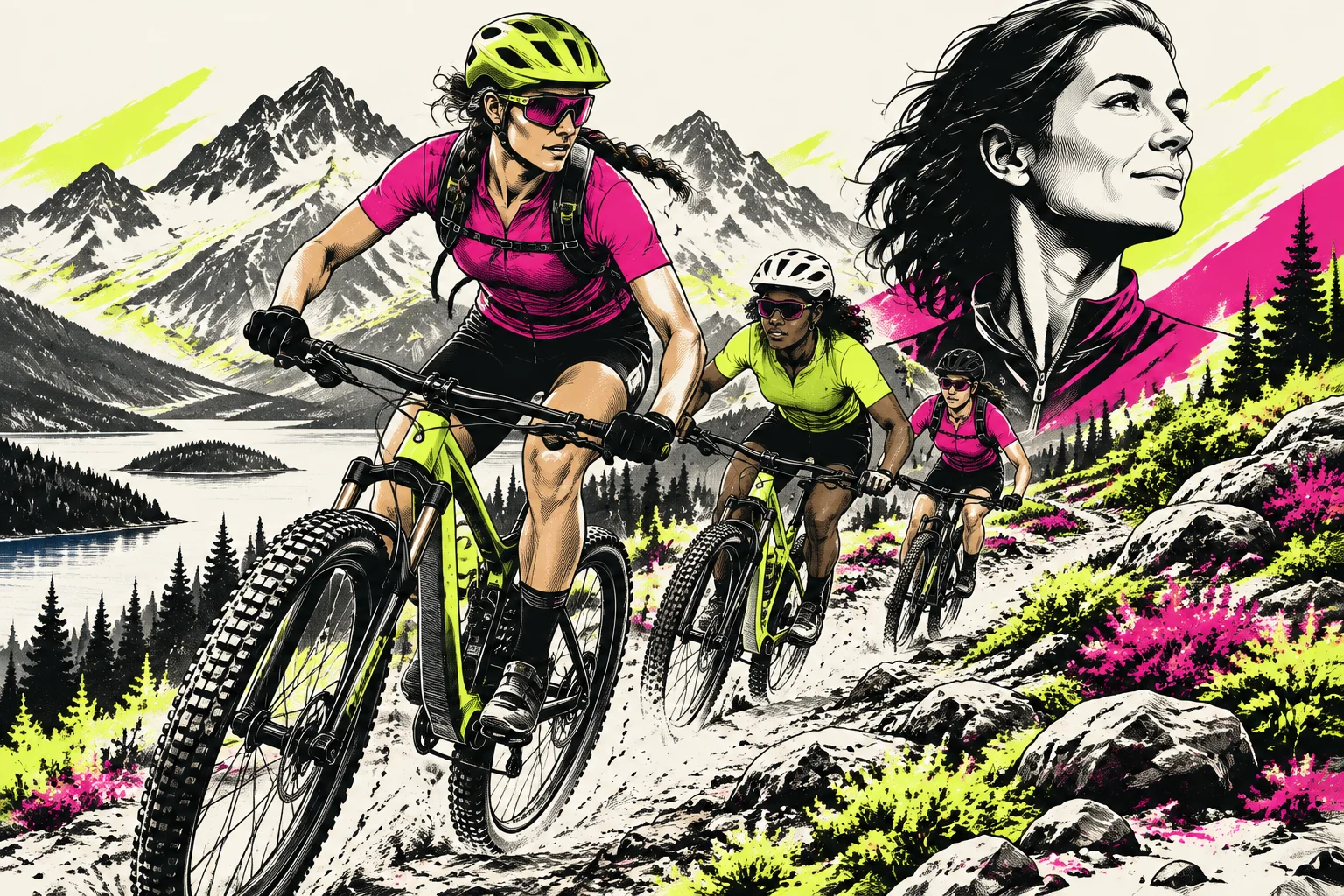 AI-generated editorial illustration of adult women mountain biking; fictional riders, not a photograph of the event.