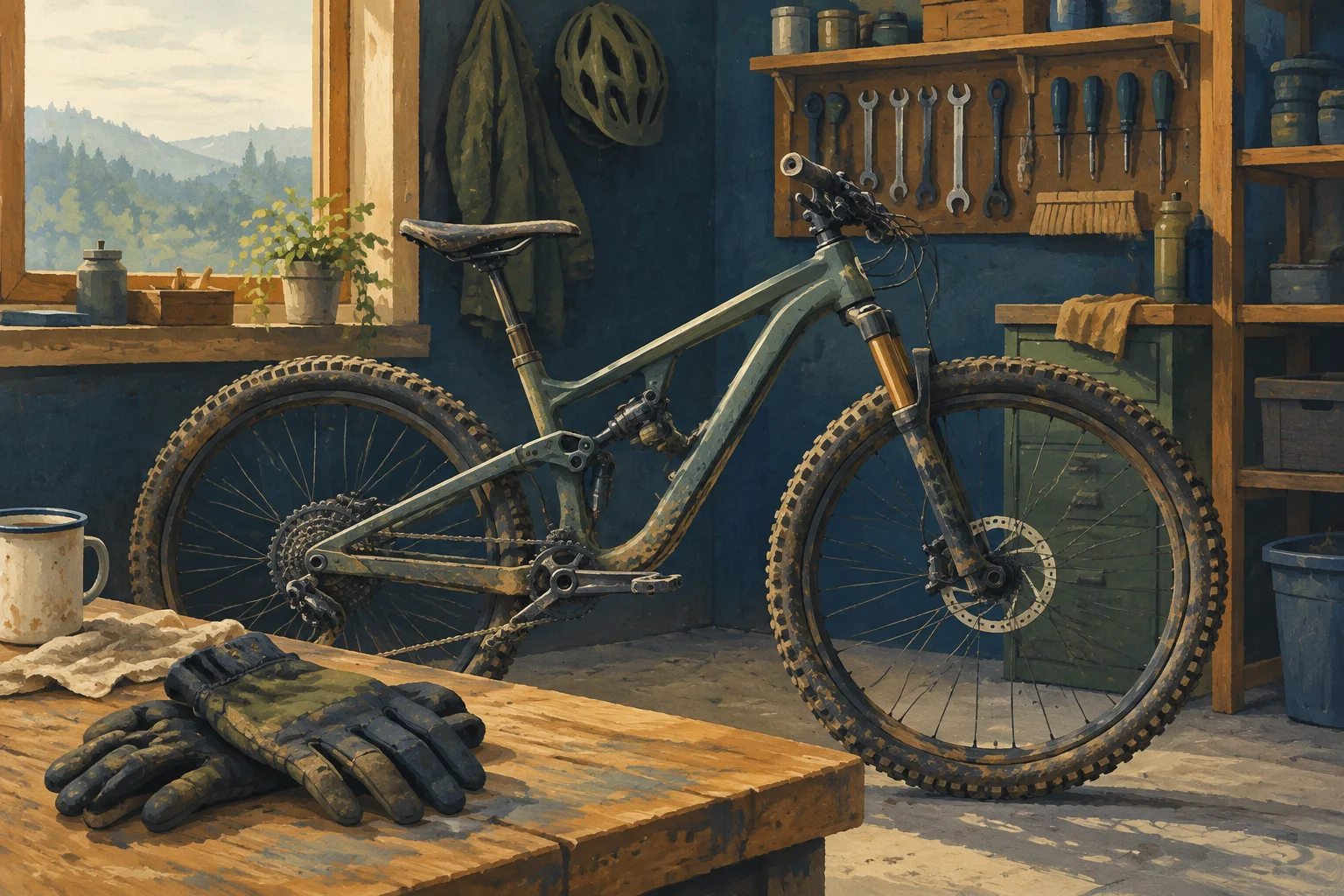 AI-generated illustration of a mountain bike and gloves in a workshop; a thematic image, not Tracy Moseley’s bicycle or a photograph of the ceremony.