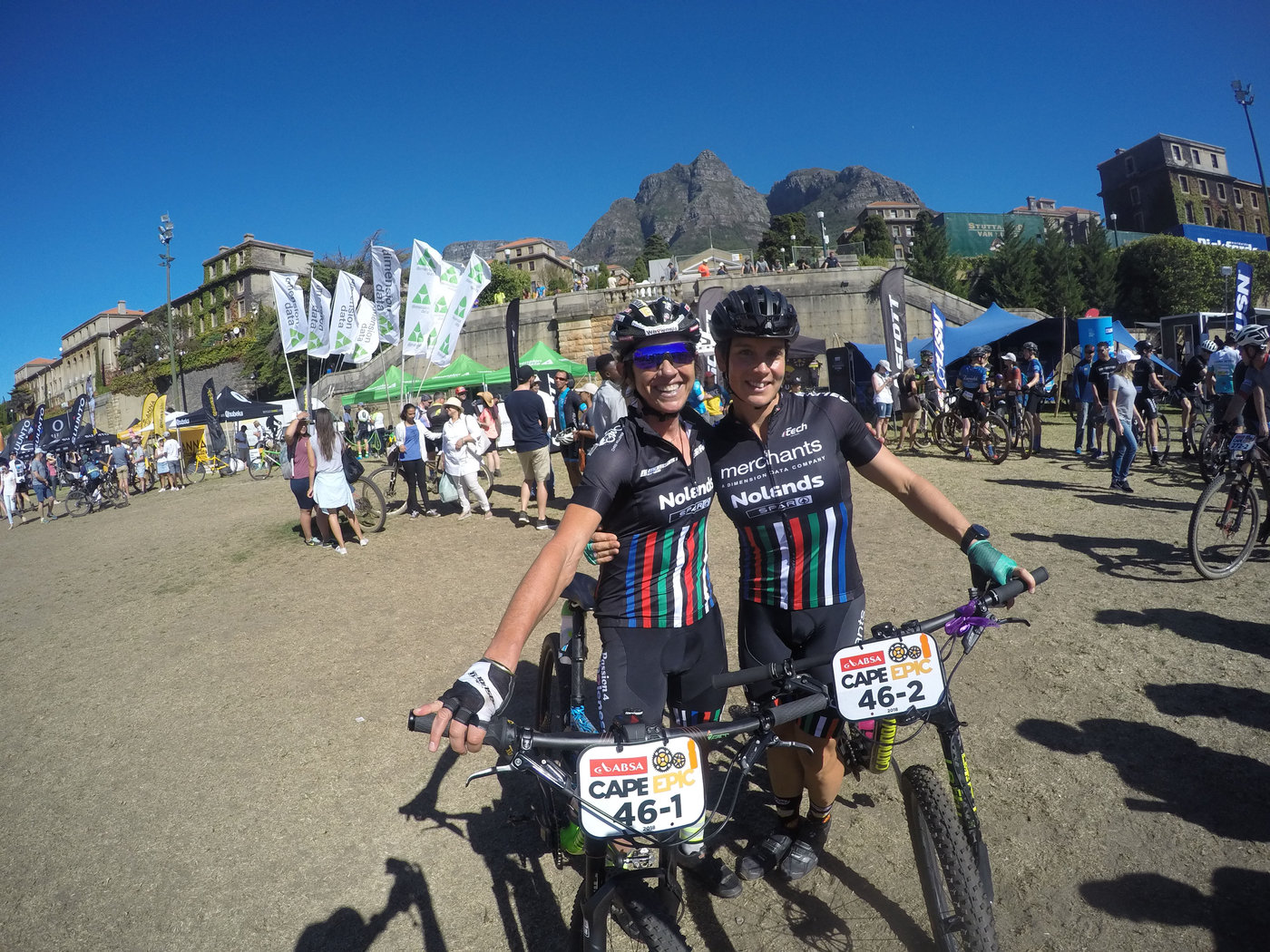 Photograph accompanying 2018 ABSA Cape Epic Ladies Prologue- Langvad and Courtney blaze home.