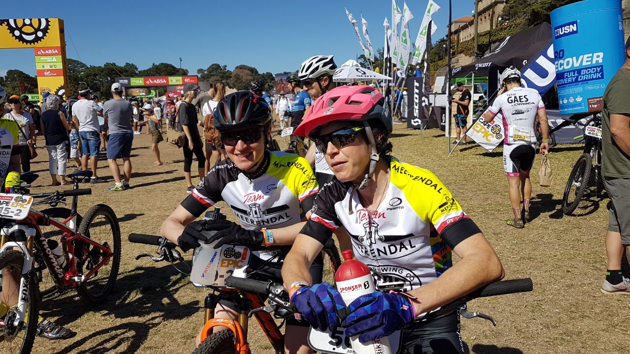 Photograph accompanying 2018 ABSA Cape Epic Ladies Prologue- Langvad and Courtney blaze home.