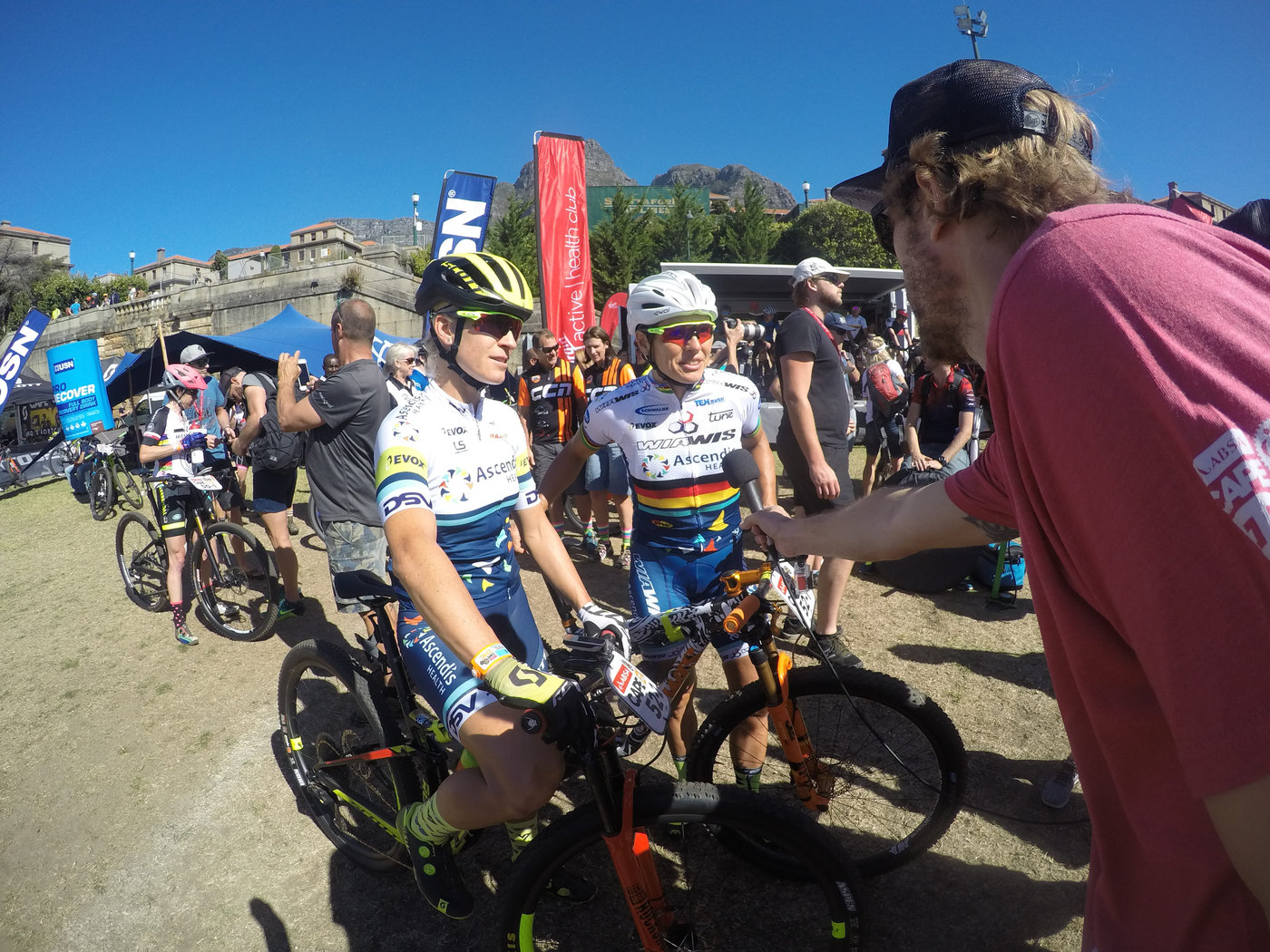 Photograph accompanying 2018 ABSA Cape Epic Ladies Prologue- Langvad and Courtney blaze home.