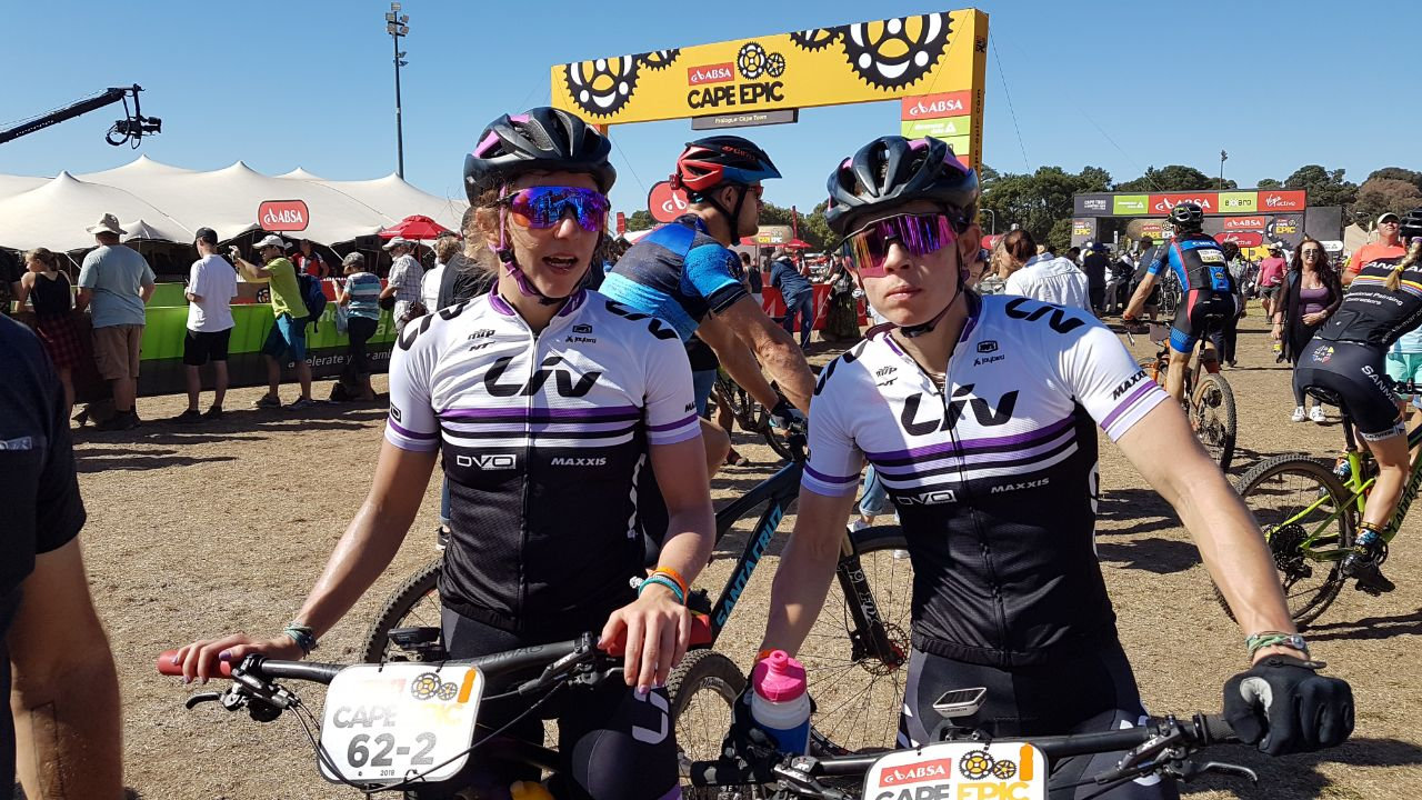 Photograph accompanying 2018 ABSA Cape Epic Ladies Prologue- Langvad and Courtney blaze home.