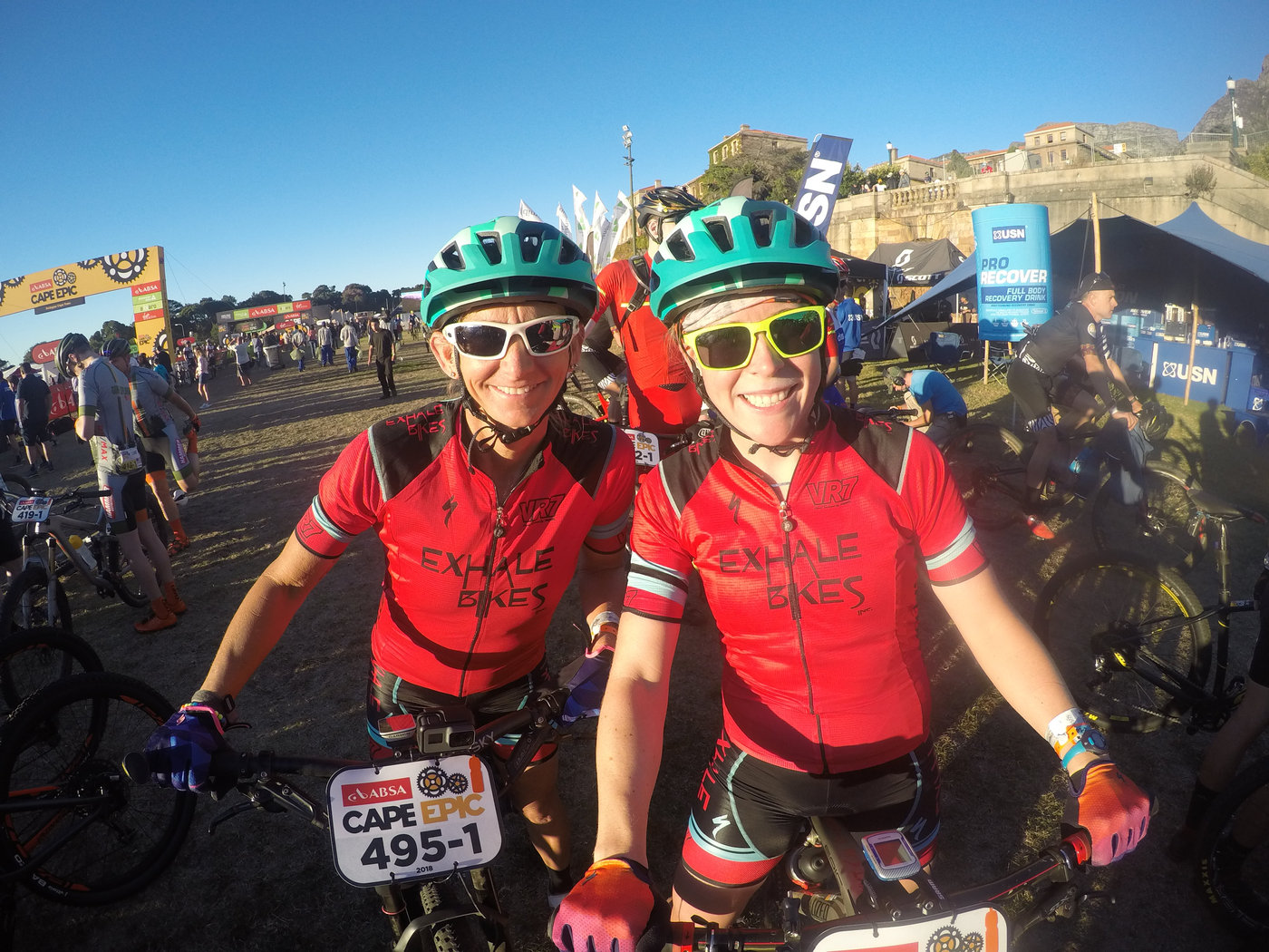 Photograph accompanying 2018 ABSA Cape Epic Ladies Prologue- Langvad and Courtney blaze home.