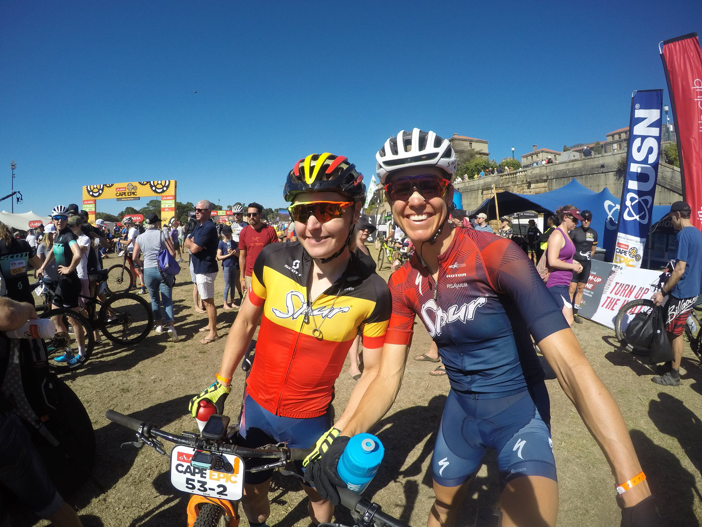 Photograph accompanying 2018 ABSA Cape Epic Ladies Prologue- Langvad and Courtney blaze home.