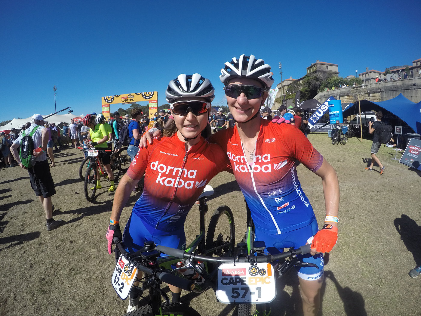 Photograph accompanying 2018 ABSA Cape Epic Ladies Prologue- Langvad and Courtney blaze home.
