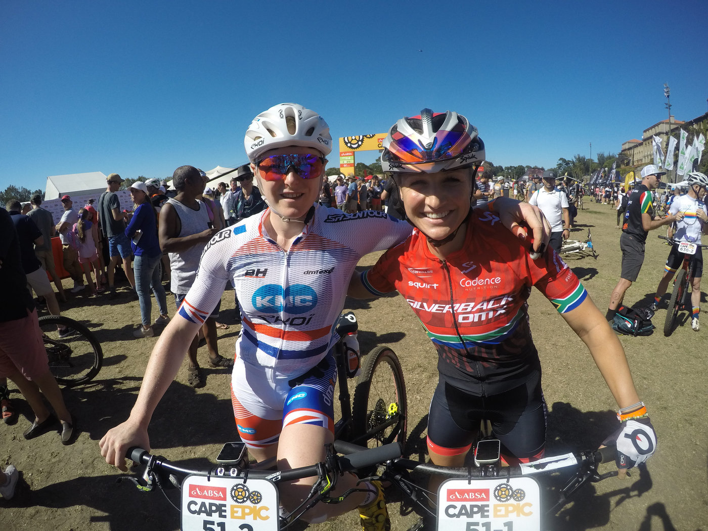 Photograph accompanying 2018 ABSA Cape Epic Ladies Prologue- Langvad and Courtney blaze home.