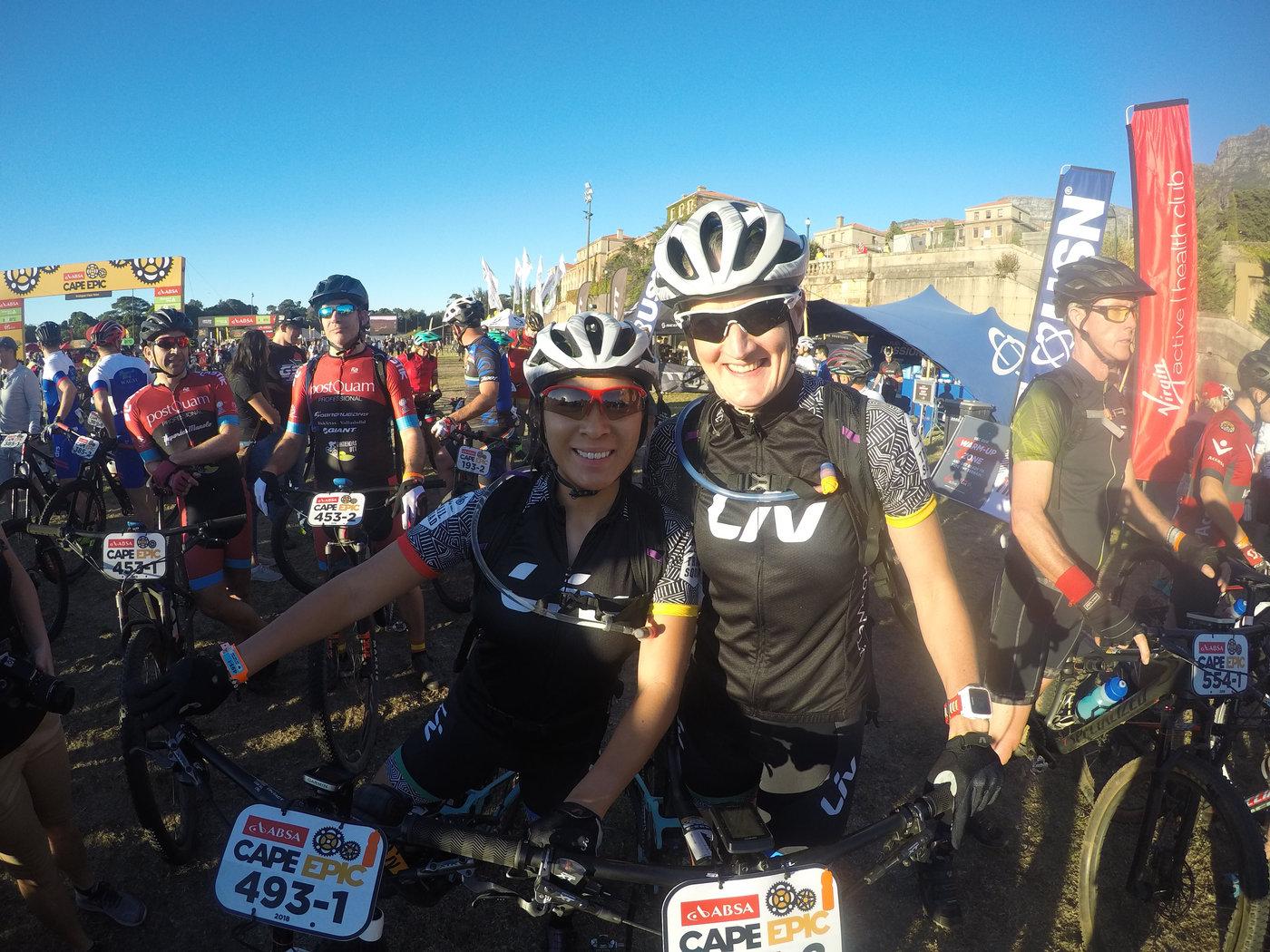 Photograph accompanying 2018 ABSA Cape Epic Ladies Prologue- Langvad and Courtney blaze home.
