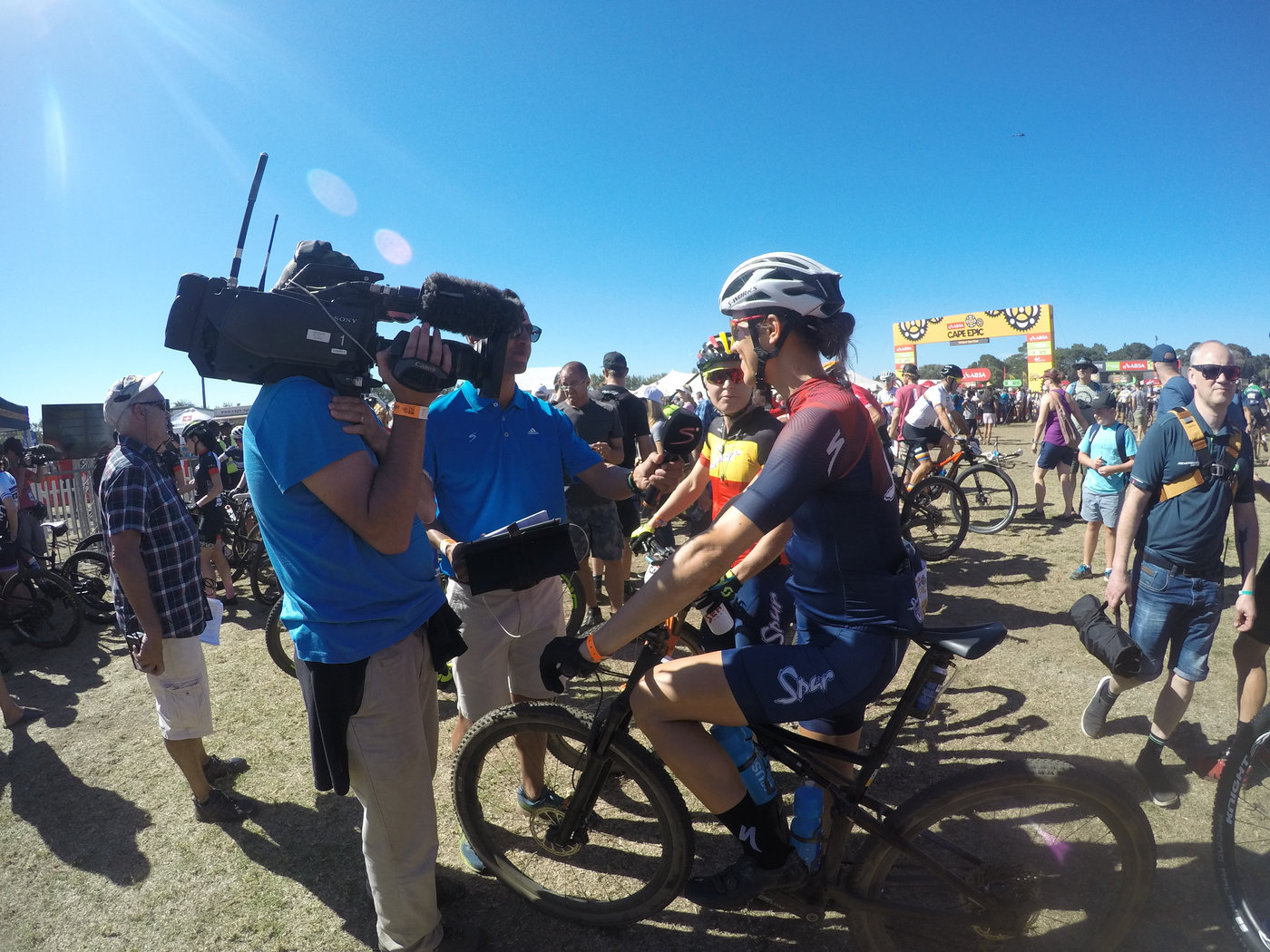 Photograph accompanying 2018 ABSA Cape Epic Ladies Prologue- Langvad and Courtney blaze home.