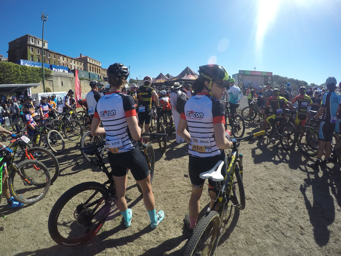 Photograph accompanying 2018 ABSA Cape Epic Ladies Prologue- Langvad and Courtney blaze home.