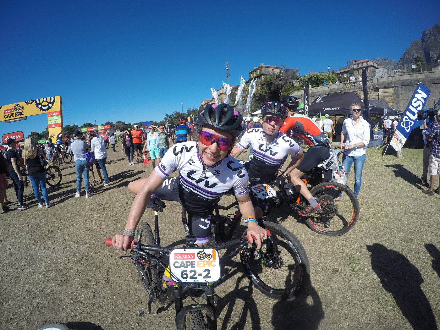 Photograph accompanying 2018 ABSA Cape Epic Ladies Prologue- Langvad and Courtney blaze home.