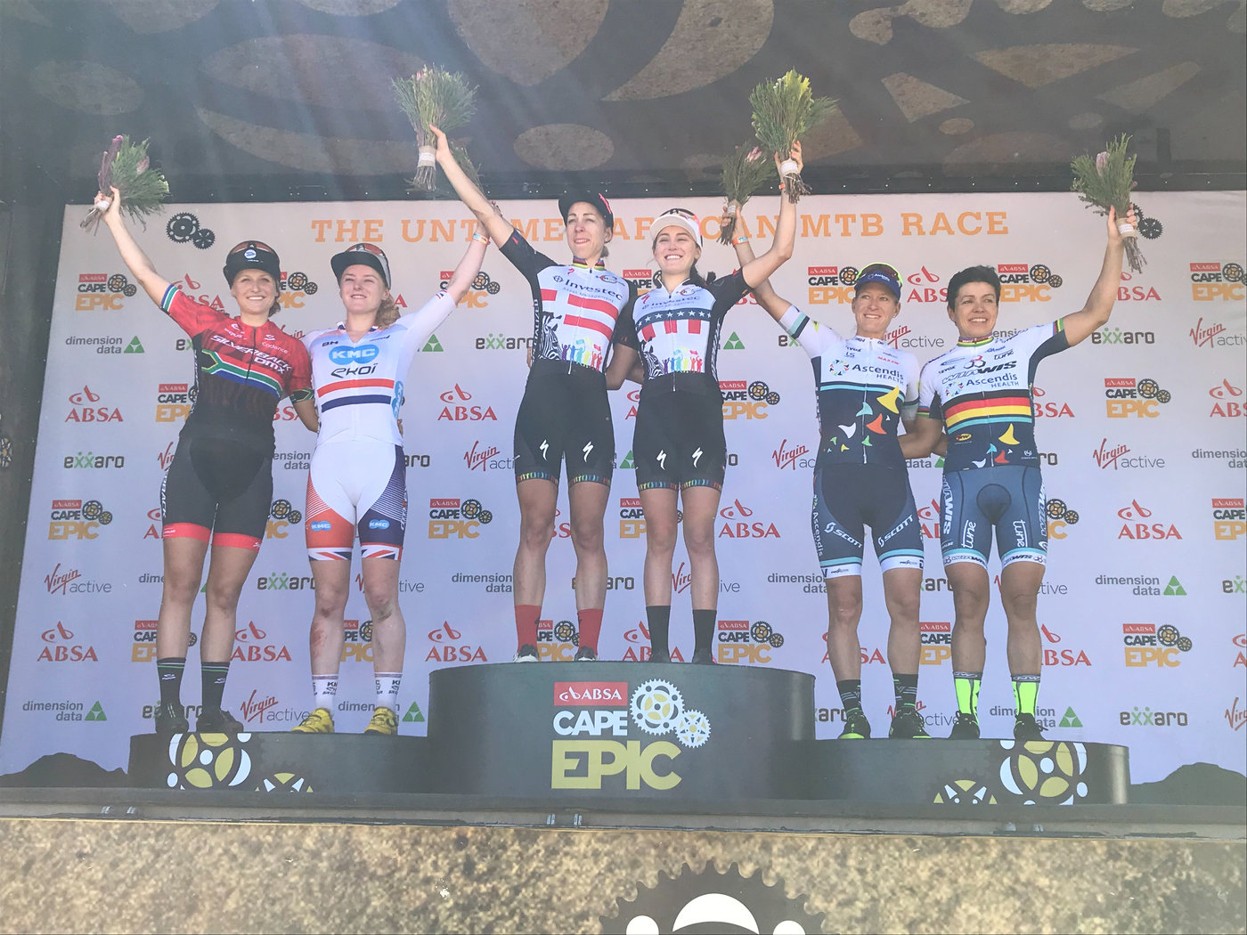 Photograph accompanying 2018 ABSA Cape Epic Women’s Race Highlights - Stage 4 - Team Spur OUT & Investec Songo power to