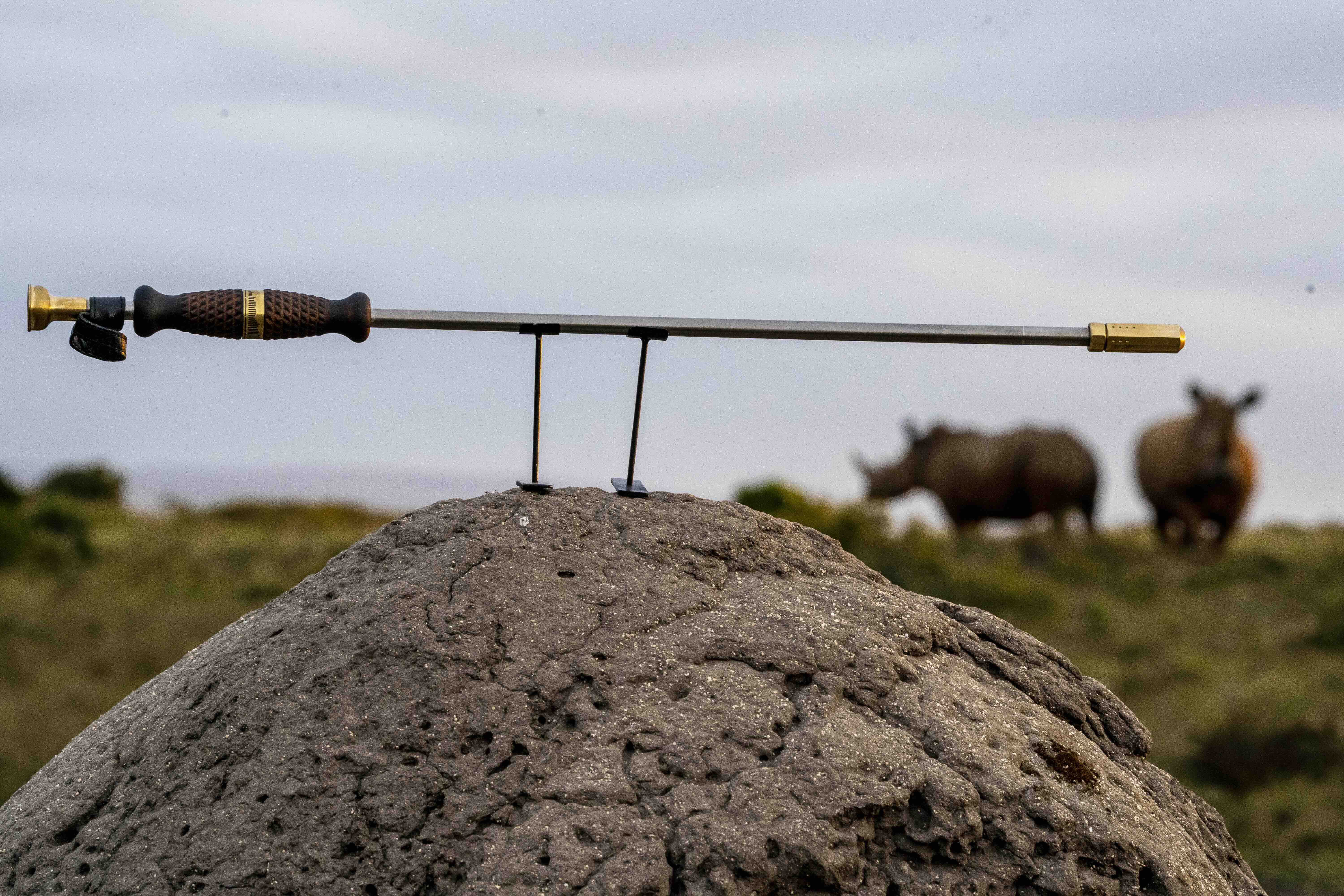 A long fire starter trophy displayed on a rock outdoors, with blurred animals in the background.